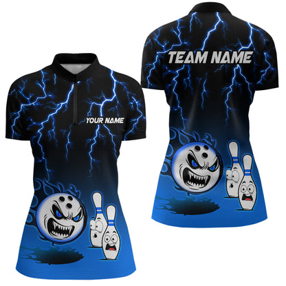 Blue Funny Crazy Bowling Shirt for Women Bowling Jersey Shirts Polo & Quarter- Zip Bowling League HNT17