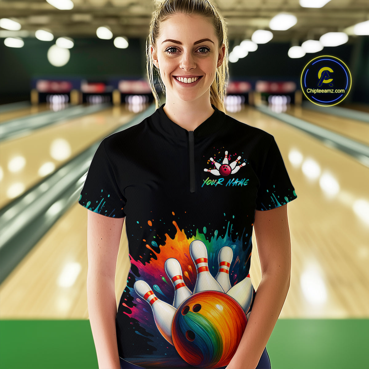 Custom Funny Colorful Bowling Jersey for Women Bowling Uniform Polo & 1/4 Zip Bowling Team Shirts HNT116