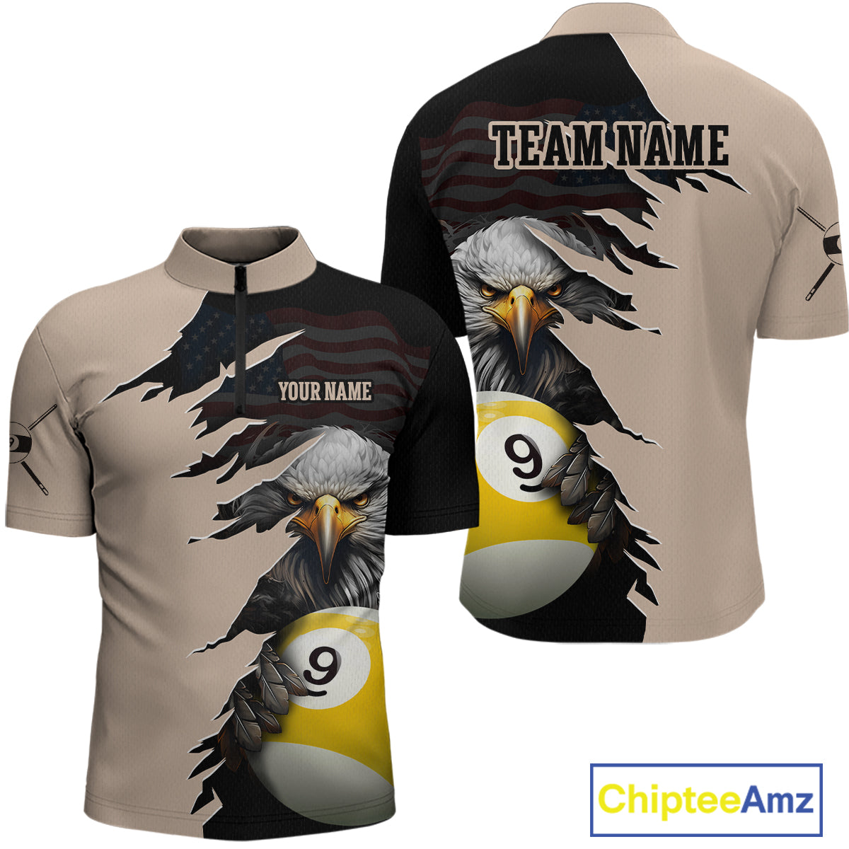 Personalized 9 Ball American Flag Eagle Billiard Shirts for Men Billiard Team Shirts NNT69