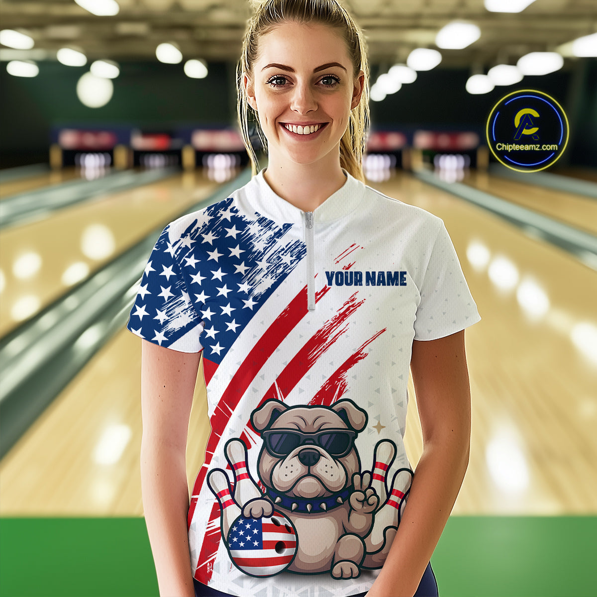 Funny US Flag French Bulldog Bowling Women Polo & 1/4 Zip Shirts Bowling Team Jersey HNT88