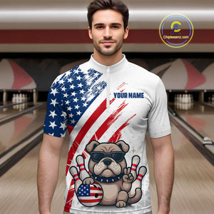 Funny US Flag French Bulldog Bowling Men Polo & 1/4 Zip Shirts Bowling Team Jersey HNT88