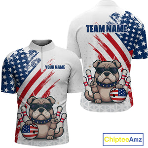 Funny US Flag French Bulldog Bowling Men Polo & 1/4 Zip Shirts Bowling Team Jersey HNT88