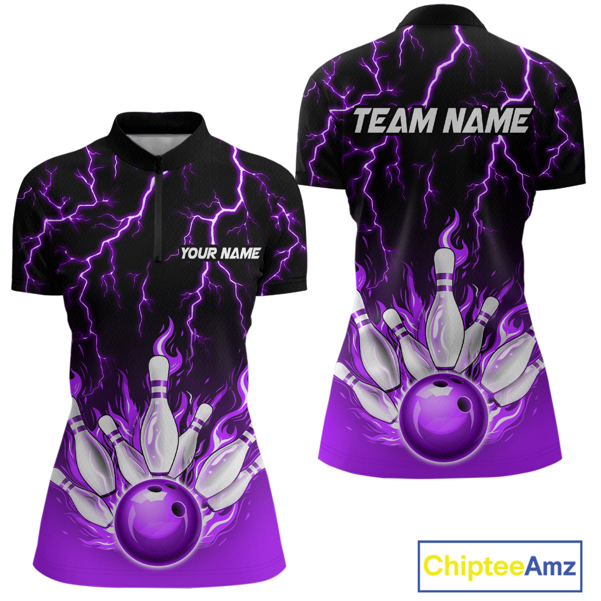 Purple Thunder Bowling Custom Women Bowling Shirt Polo & Quarter-Zip Bowling Team Shirts HNT71