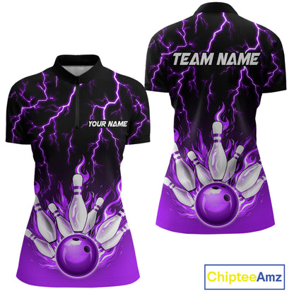 Purple Thunder Bowling Custom Women Bowling Shirt Polo & Quarter-Zip Bowling Team Shirts HNT71