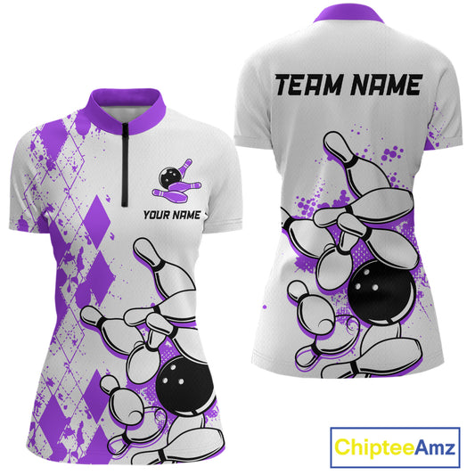 Purple Vintage Bowling Custom Women Bowling Shirt Polo & Quarter-Zip Bowling Team Jerseys HNT68