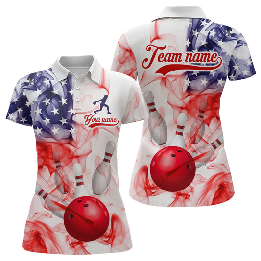 American Flag Smoke Bowling Shirt for Women Custom Polo & Quarter-Zip Team Bowling Jersey with Team HNT21