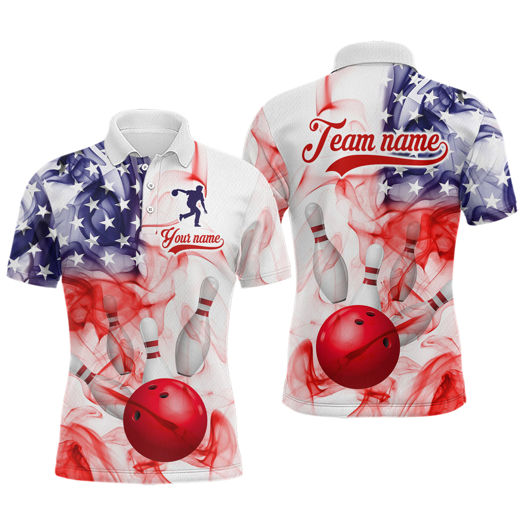 American Flag Smoke Bowling Shirt for Men Custom Polo & Quarter-Zip Team Bowling Jersey with Team HNT21