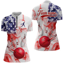 Load image into Gallery viewer, American Flag Smoke Bowling Shirt for Women Custom Polo &amp; Quarter-Zip Team Bowling Jersey with Team HNT21