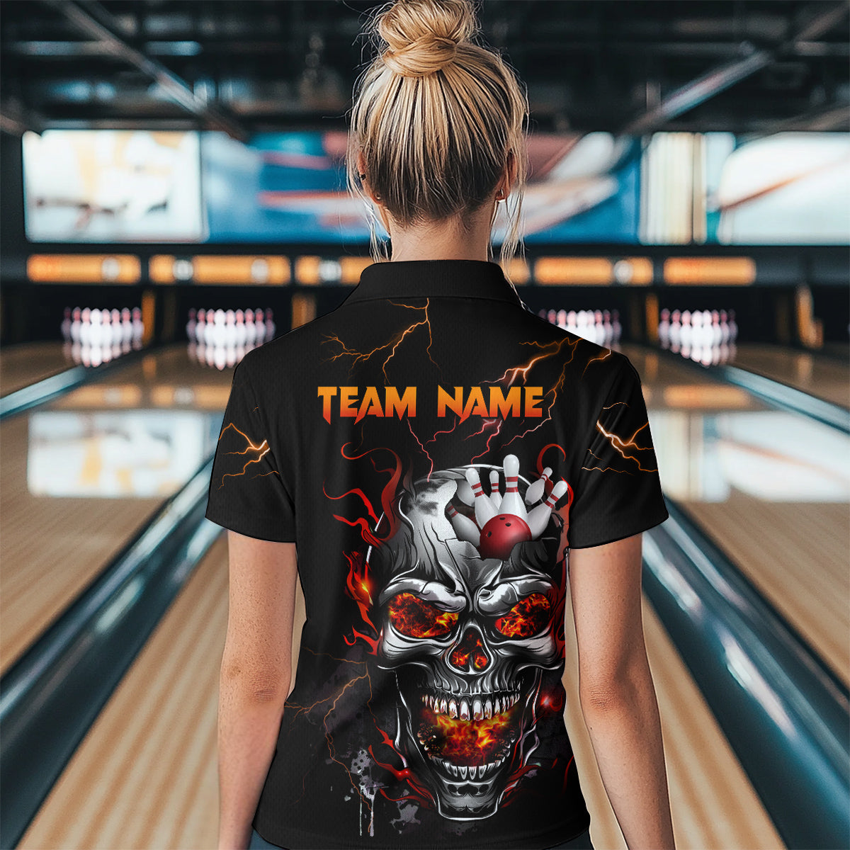 Thunder Bowling Jerseys Women Polo & 1/4 Zip Shirt Skull Bowling Shirt for Women HNT01