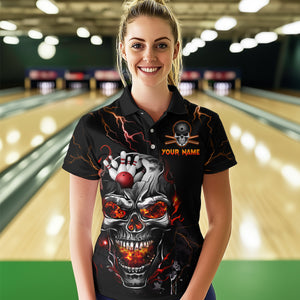 Personalized Thunder Bowling Jerseys Women Polo & 1/4 Zip Shirt Funny Skull Bowling Shirt for Women Bowling Jersey HNT01