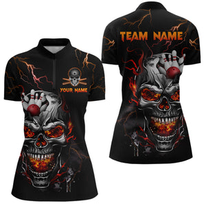 Personalized Thunder Bowling Jerseys Women Polo & 1/4 Zip Shirt Funny Skull Bowling Shirt for Women Bowling Jersey HNT01