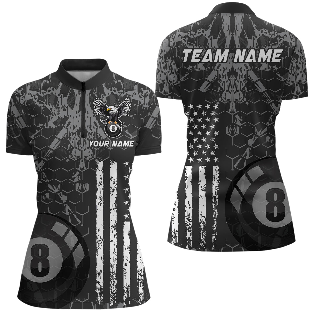 US Flag Eagle Billiard Jerseys 8 Ball Pool Billiard for Women Billiard Shirts Polo & 1/4 Zip NNT04