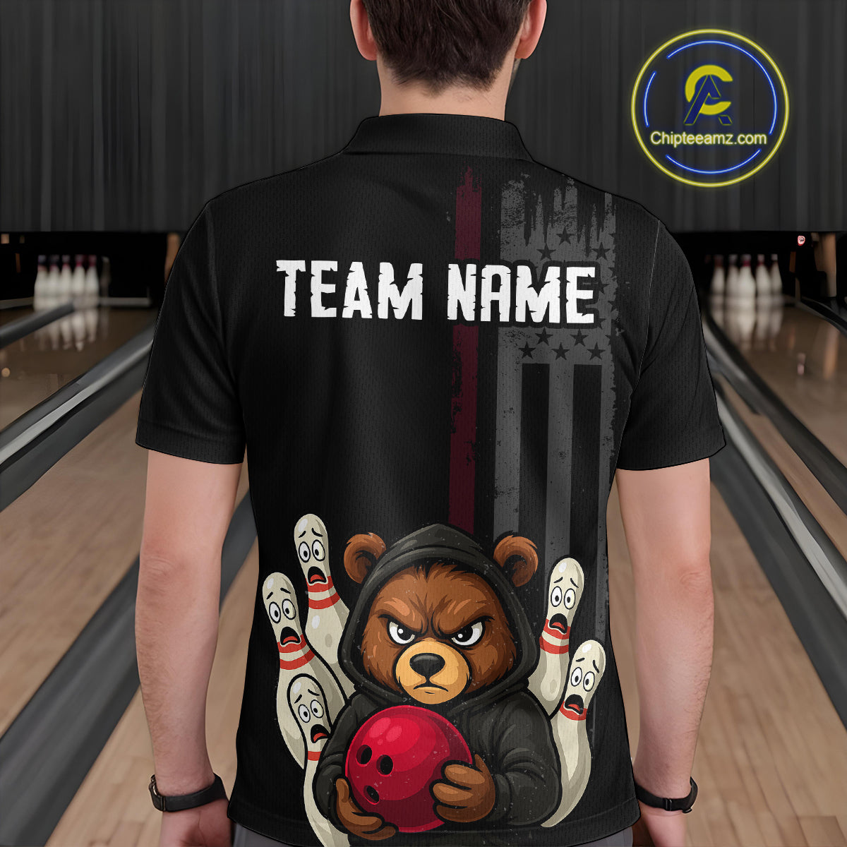 Custom American Flag Bear Bowling Men Polo & 1/4 Zip Shirts Bowling Team Jerseys HNT90