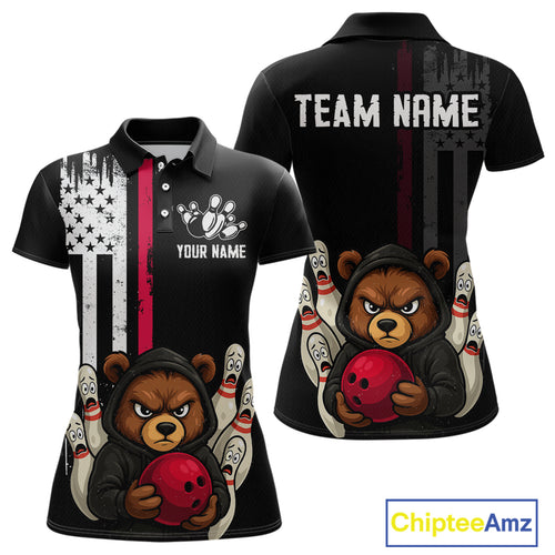 Custom American Flag Bear Bowling Women Polo & 1/4 Zip Shirts Bowling Team Jerseys HNT90