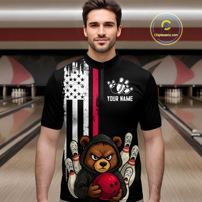 Custom American Flag Bear Bowling Men Polo & 1/4 Zip Shirts Bowling Team Jerseys HNT90