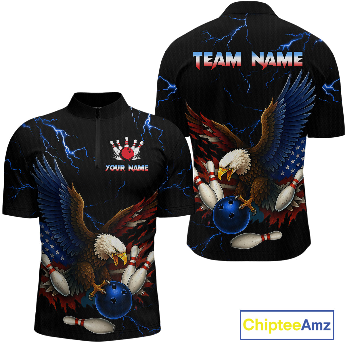 Blue Thunder US Flag Eagle Bowling Shirts for Men Team Bowling Polo & Quarter-Zip HNT96