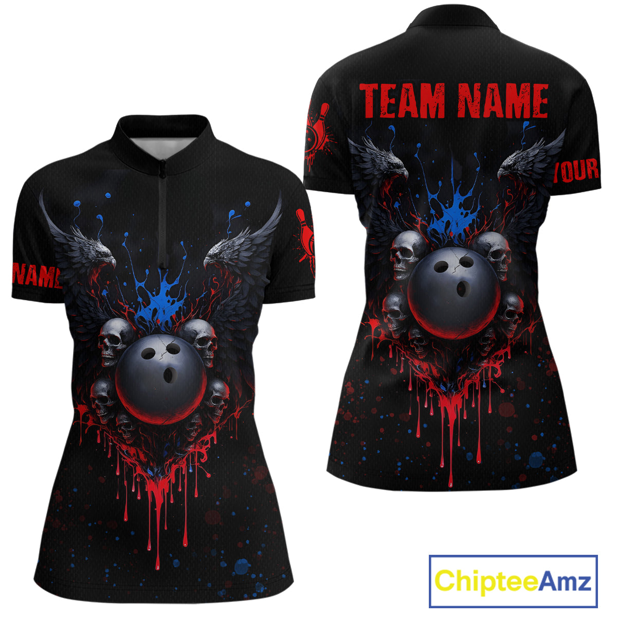 Custom Eagle Skull Bowling Women Shirts Bowling Uniform Polo & 1/4 Zip Bowling Team Jerseys HNT102