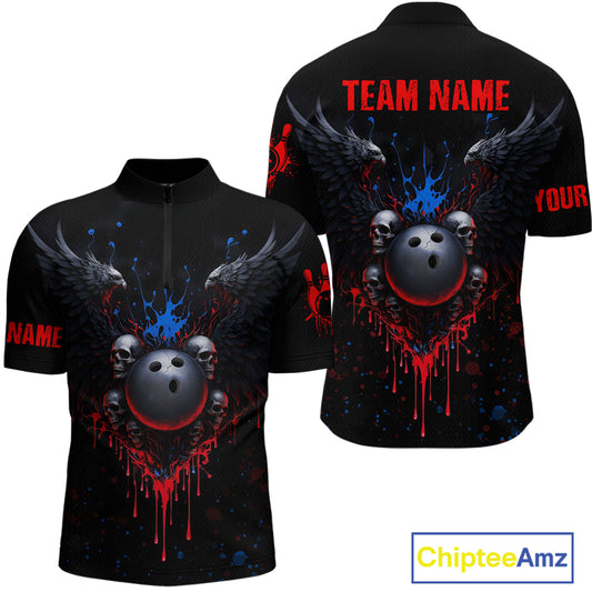 Custom Eagle Skull Bowling Men Shirts Bowling Uniform Polo & 1/4 Zip Bowling Team Jerseys HNT102