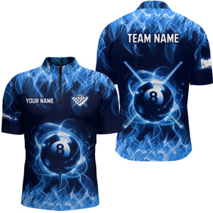 Personalized Blue Flaming Billiard Jerseys 8 Ball Pool Billiard Shirts for Men Team Polo & 1/4 Zip Shirt NNT29
