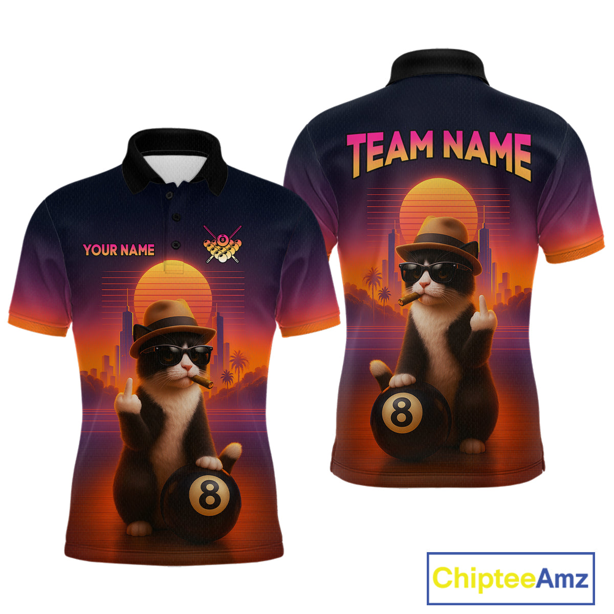 Custom Funny Cat 8 Ball Billiard Jersey for Men Billiard Uniform Polo & 1/4 Zip Billiard Team Shirts NNT80