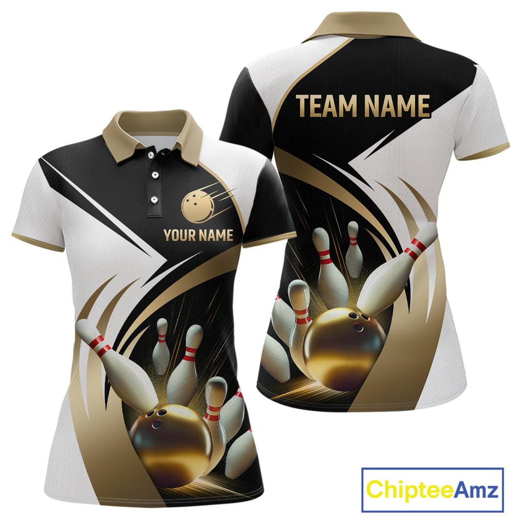 Gold Bowling Custom Women Bowling Shirt Polo & Quarter-Zip Bowling Team Jerseys HNT61