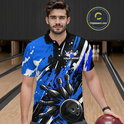 Custom Blue Bowling Jersey for Men Bowling Uniform Polo & 1/4 Zip Bowling Team Shirts HNT105