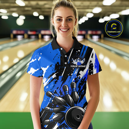 Custom Blue Bowling Jersey for Women Bowling Uniform Polo & 1/4 Zip Bowling Team Shirts HNT105