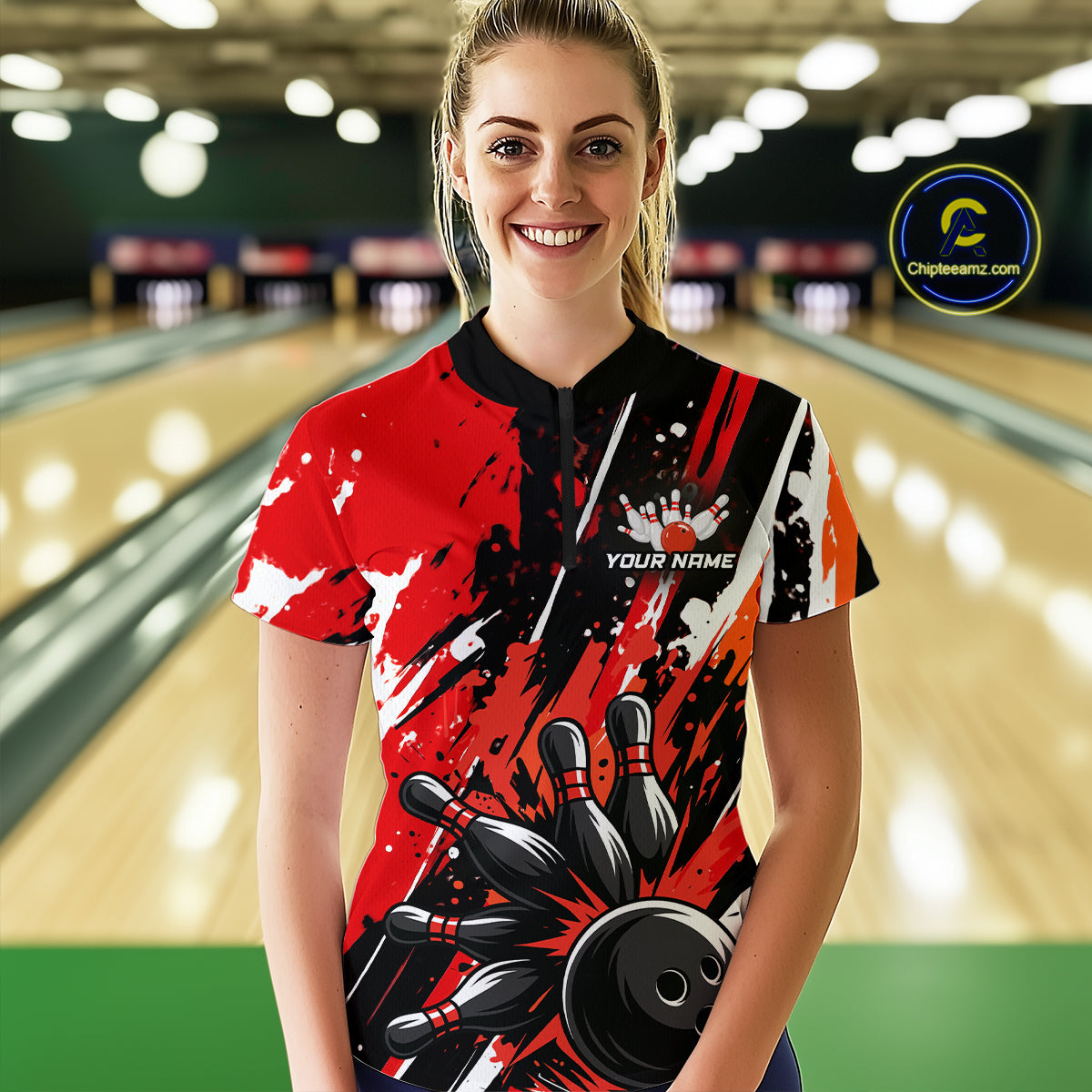 Custom Red Bowling Jersey for Women Bowling Uniform Polo & 1/4 Zip Bowling Team Shirts HNT105