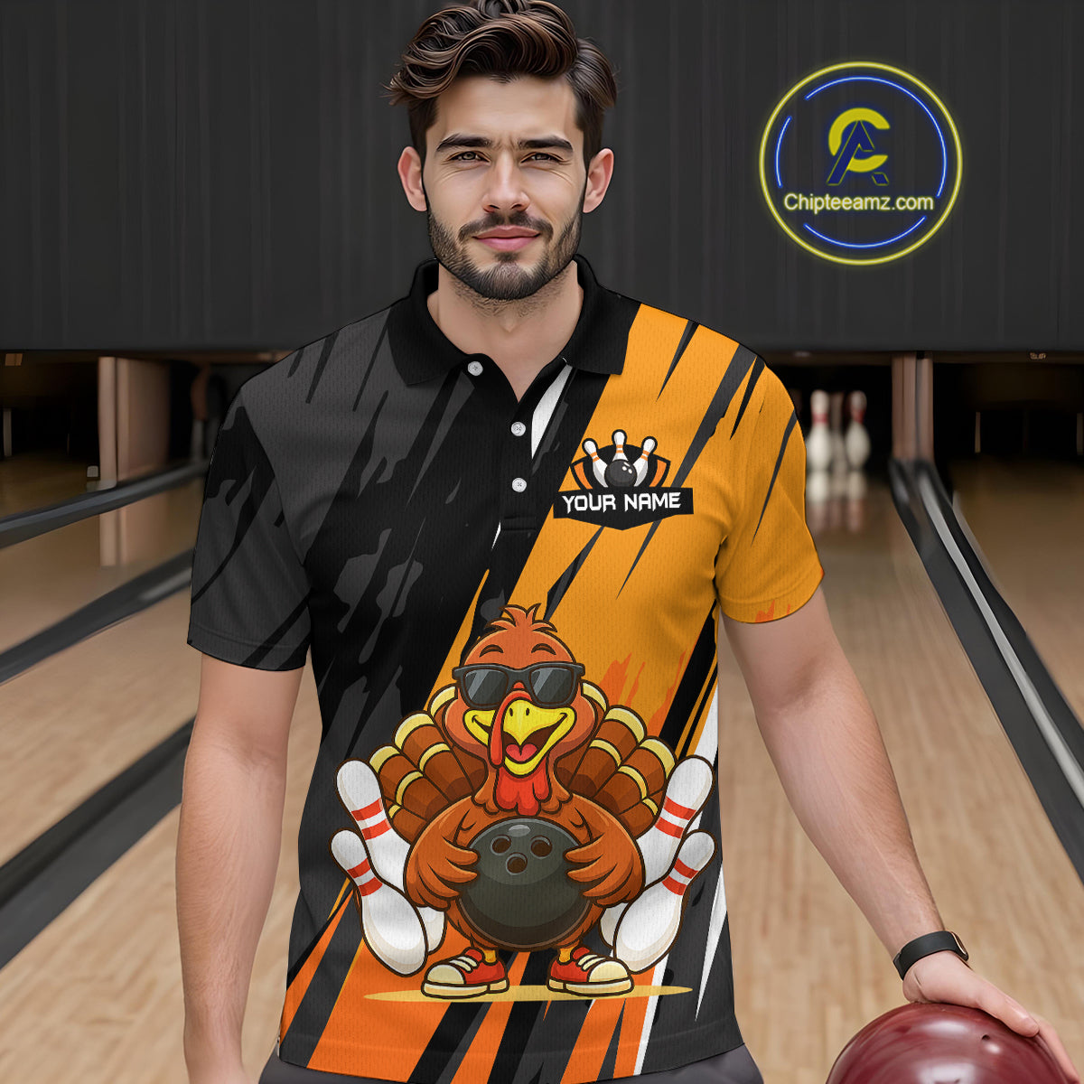 Custom Orange Funny Turkey Bowling Jersey for Men Polo & 1/4 Zip Thanksgiving Bowling Team Shirts HNT124