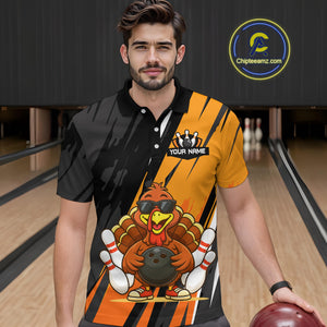 Custom Orange Funny Turkey Bowling Jersey for Men Polo & 1/4 Zip Thanksgiving Bowling Team Shirts HNT124