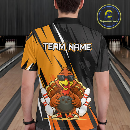 Custom Orange Funny Turkey Bowling Jersey for Men Polo & 1/4 Zip Thanksgiving Bowling Team Shirts HNT124