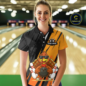 Custom Orange Funny Turkey Bowling Jersey for Women Polo & 1/4 Zip Thanksgiving Bowling Team Shirts HNT124