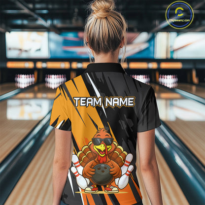 Custom Orange Funny Turkey Bowling Jersey for Women Polo & 1/4 Zip Thanksgiving Bowling Team Shirts HNT124