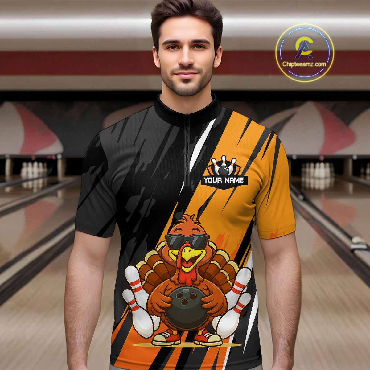 Custom Orange Funny Turkey Bowling Jersey for Men Polo & 1/4 Zip Thanksgiving Bowling Team Shirts HNT124