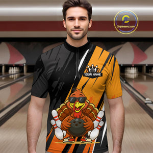 Custom Orange Funny Turkey Bowling Jersey for Men Polo & 1/4 Zip Thanksgiving Bowling Team Shirts HNT124