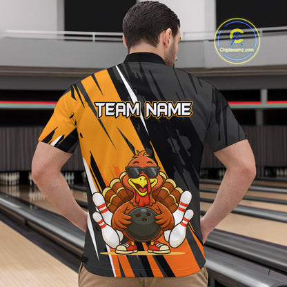 Custom Orange Funny Turkey Bowling Jersey for Men Polo & 1/4 Zip Thanksgiving Bowling Team Shirts HNT124