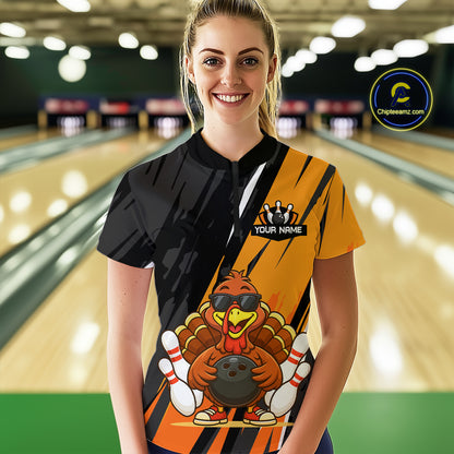 Custom Orange Funny Turkey Bowling Jersey for Women Polo & 1/4 Zip Thanksgiving Bowling Team Shirts HNT124