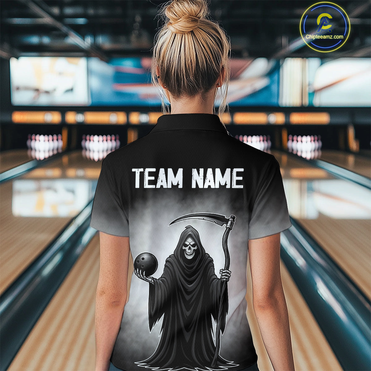 Custom Black Skeleton Bowling Jersey for Women Bowling Uniform Polo & 1/4 Zip Bowling Team Shirts HNT110
