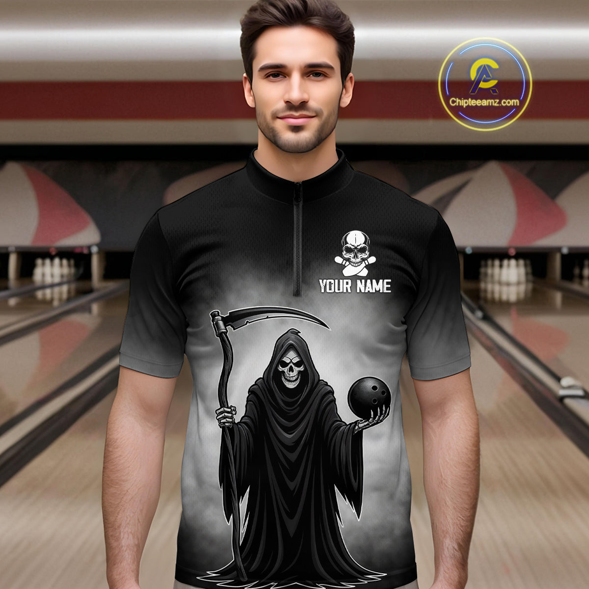 Custom Black Skeleton Bowling Jersey for Men Bowling Uniform Polo & 1/4 Zip Bowling Team Shirts HNT110