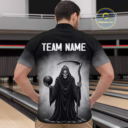 Custom Black Skeleton Bowling Jersey for Men Bowling Uniform Polo & 1/4 Zip Bowling Team Shirts HNT110