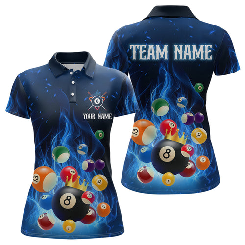 Blue Flaming Billiards Shirt 8 Ball Billiards Shirt Women Polo Shirts & 1/4 Zip NNT09