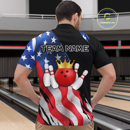 Custom US Flag Crown Bowling Men Bowling Shirt Polo & Quarter-Zip Bowling Team Jerseys HNT85