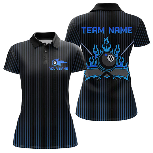Custom Blue 8 Ball Flame Billiard Shirts for Women, Billiard Team Polo & 1/4 Zip Shirts NNT62