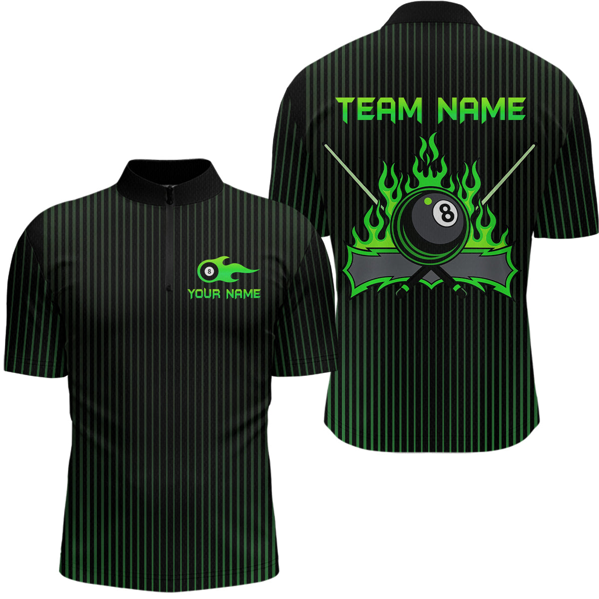 Custom Green 8 Ball Flame Billiard Shirts for Men, Billiard Team Polo & 1/4 Zip Shirts NNT62