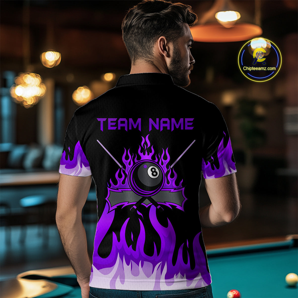 Custom Purple 8 Ball Pool Flame Billiard Shirts for Men Billiard Team Polo & 1/4 Zip Shirts NNT63