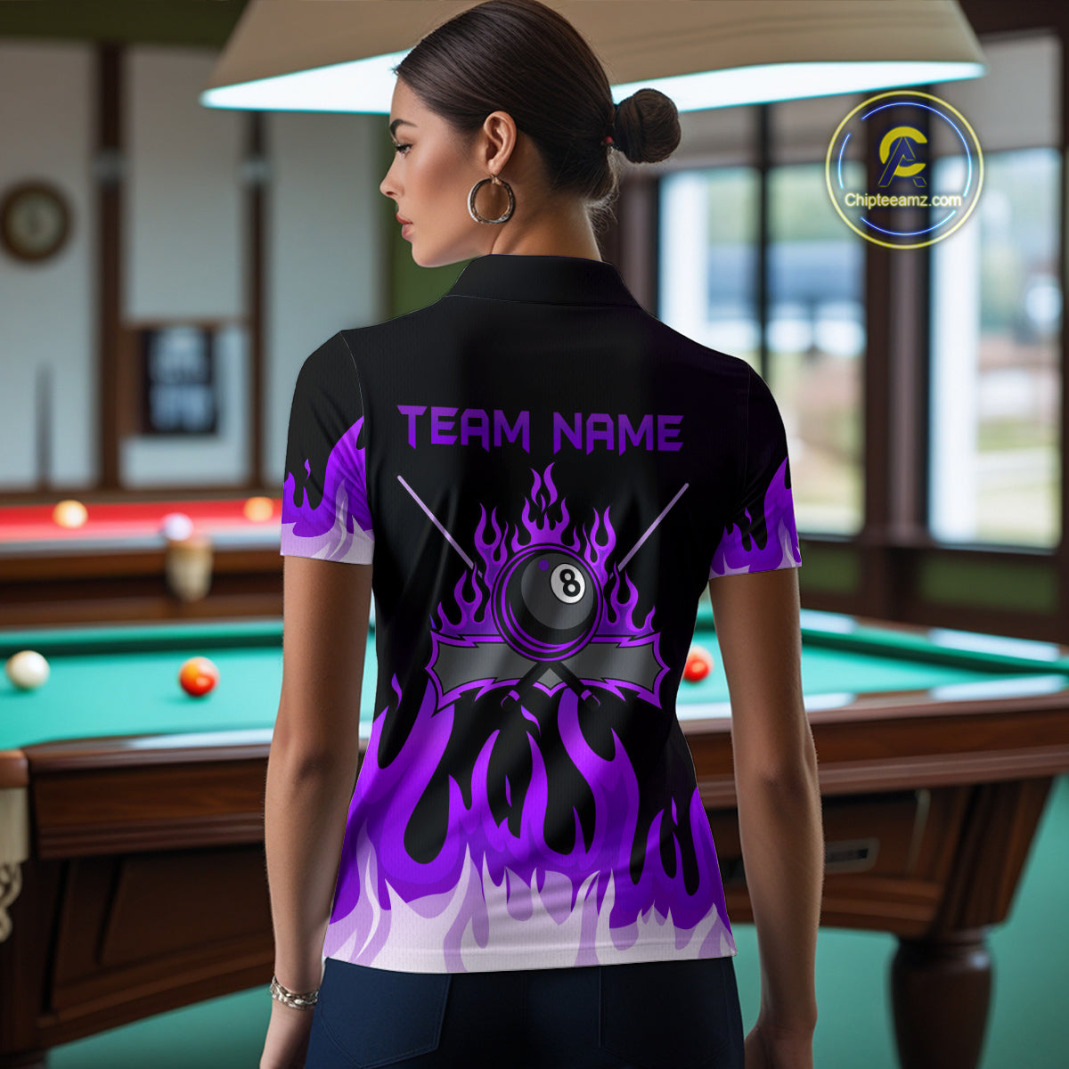 Custom Purple 8 Ball Pool Flame Billiard Shirts for Women Billiard Team Polo & 1/4 Zip Shirts NNT63