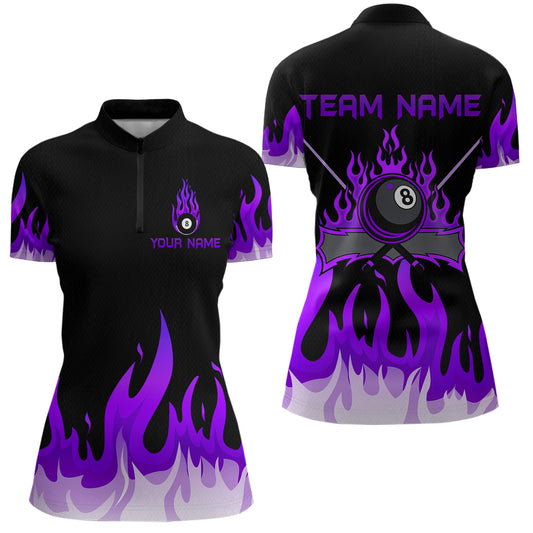 Custom Purple 8 Ball Pool Flame Billiard Shirts for Women Billiard Team Polo & 1/4 Zip Shirts NNT63