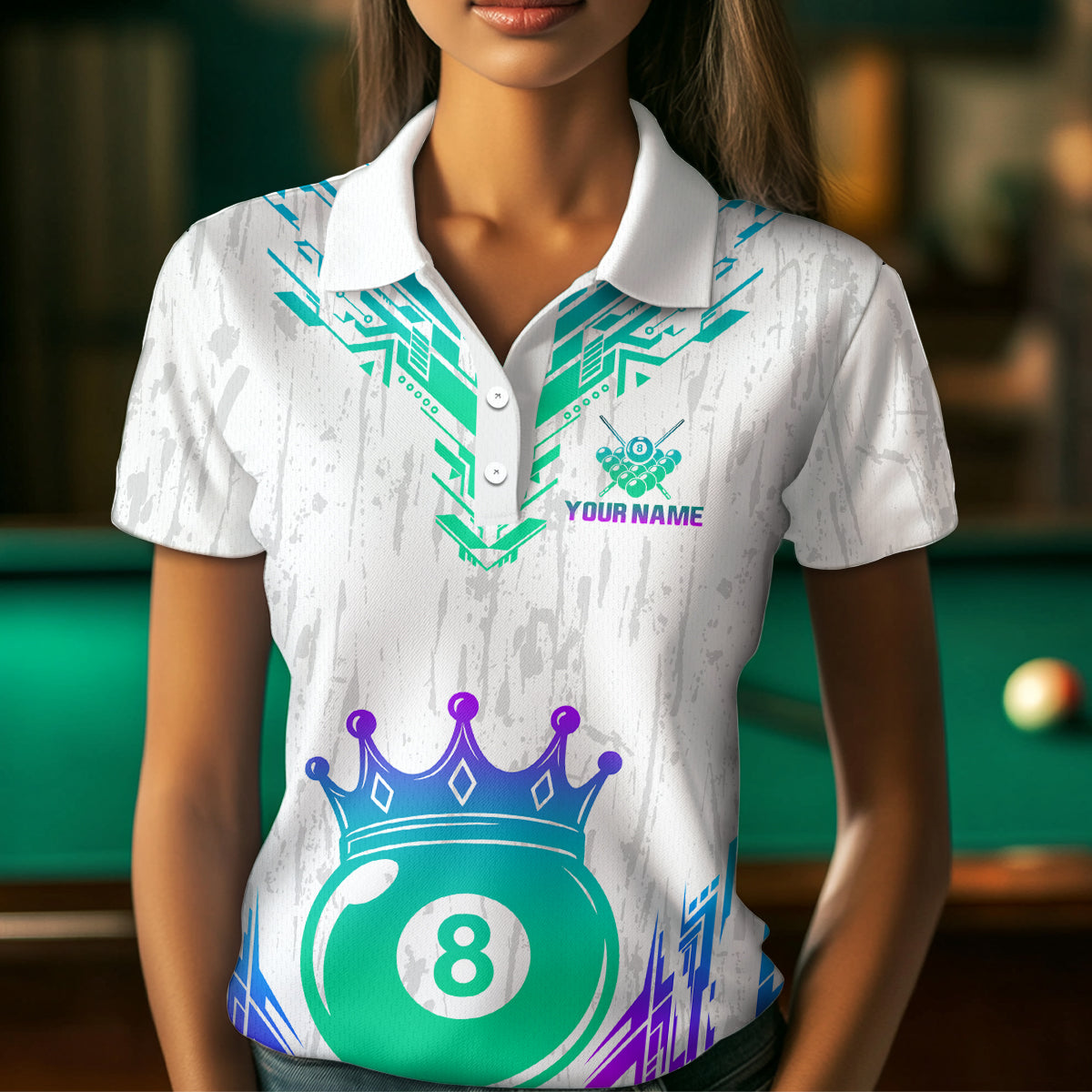 Custom White Neon 8 Ball Crown Billiard Shirts for Women and Team Polo & 1/4 Zip Shirts NNT48