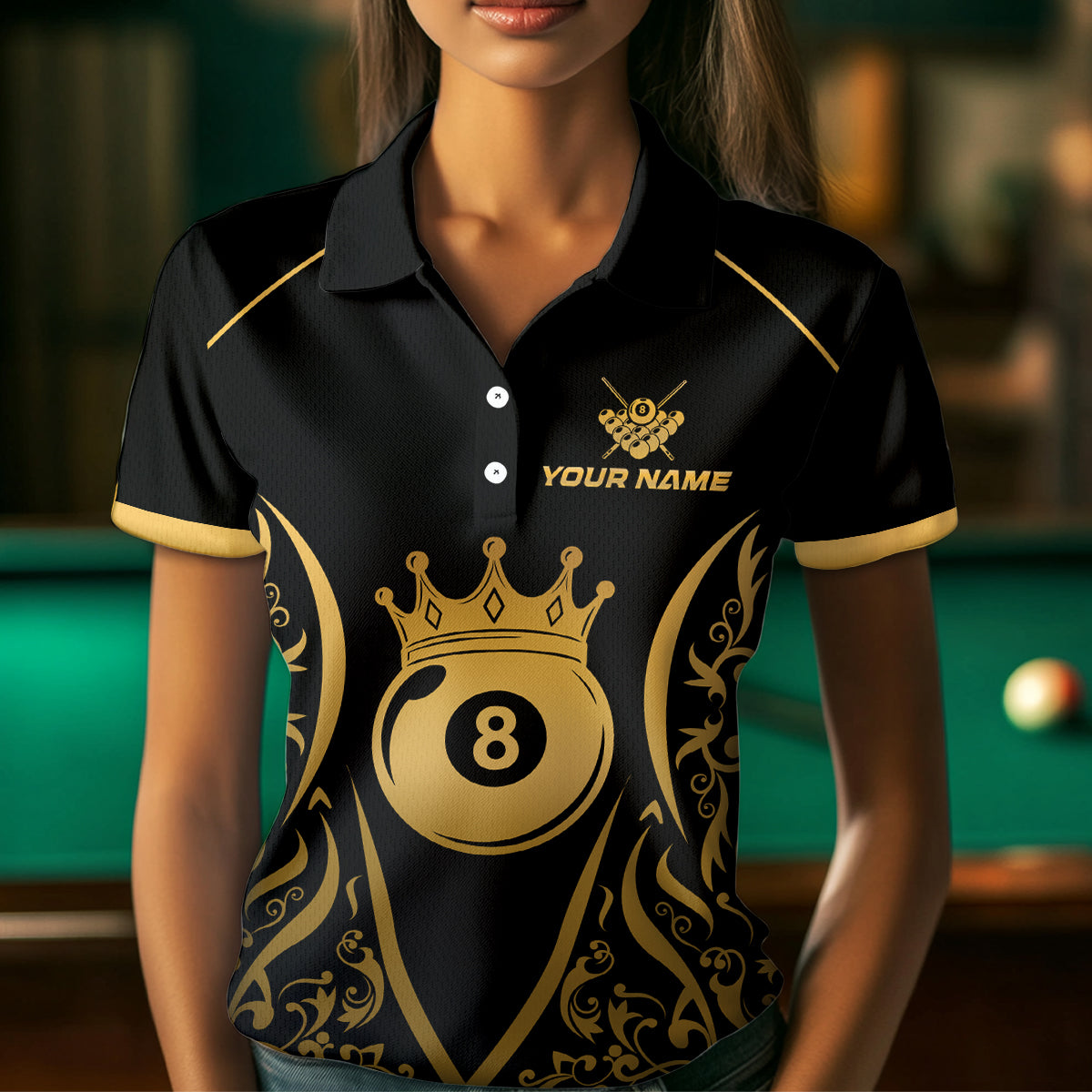 Custom Gold 8 Ball Crown Billiard Shirts for Women and Team Polo & 1/4 Zip Shirts NNT49