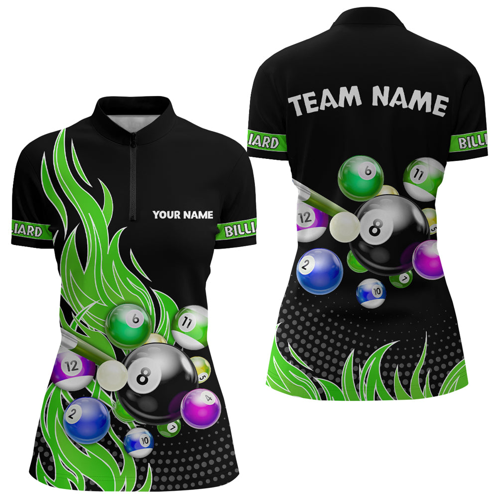 Custom Green Flame Billiard Shirts for Women Billiard Team Jerseys Polo & 1/4 Zip Shirts NNT45